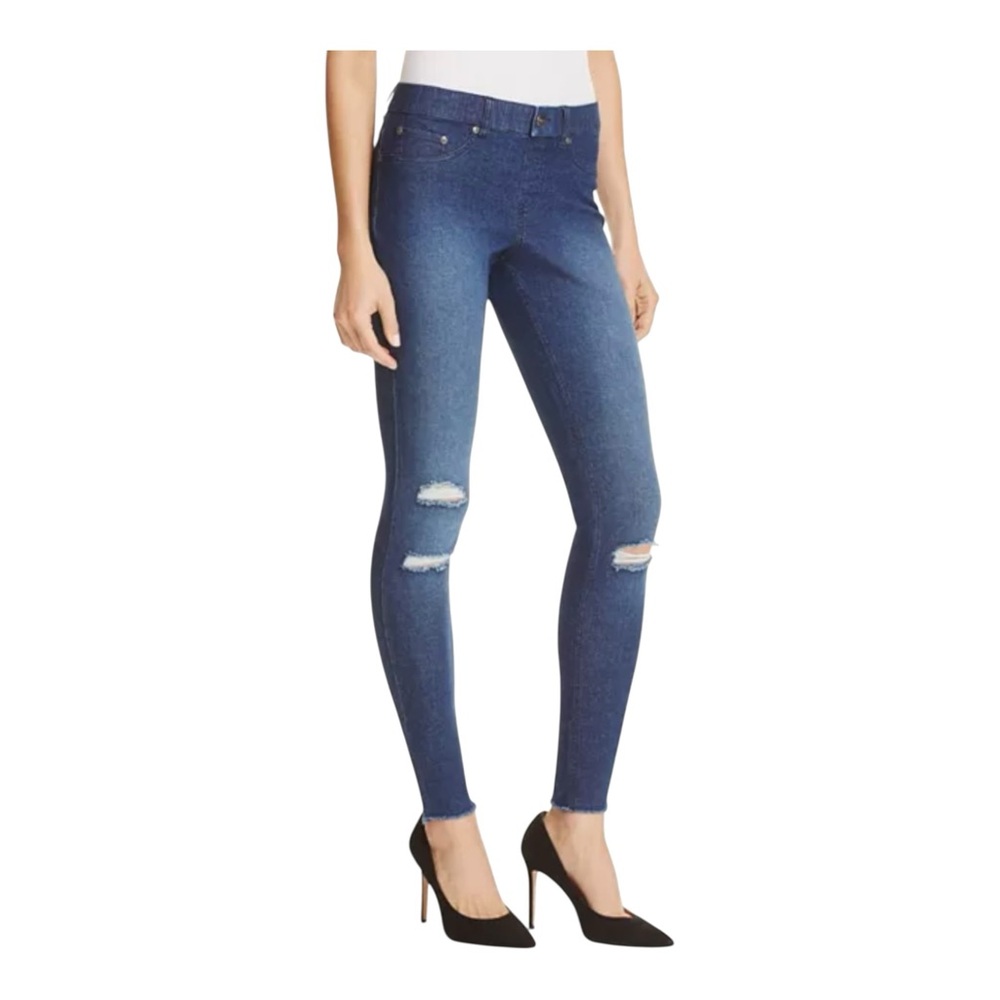 HUE Women's Ink Wash Distressed Raw Hem Jeggings Sz L EUC
